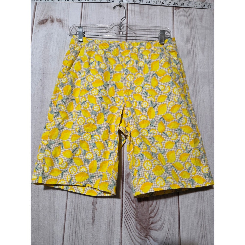 Lands End Womens Shorts Yellow Lemon Print Mid Rise Elastic Waist Size 4